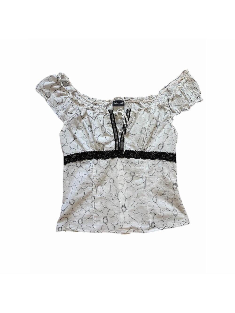 Vintage Paper Doll Milkmaid Top Womens Juniors 11 Size L White Floral Babydoll